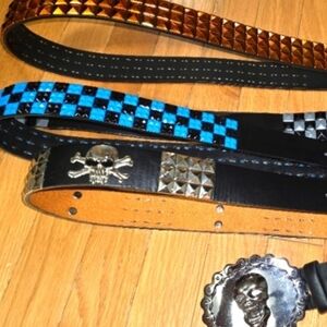 4PC VINTG 90'S PUNK BELTS ROCKER SKELETON GOT Stud LARGE 38-40 SILVER BLUE GRAY